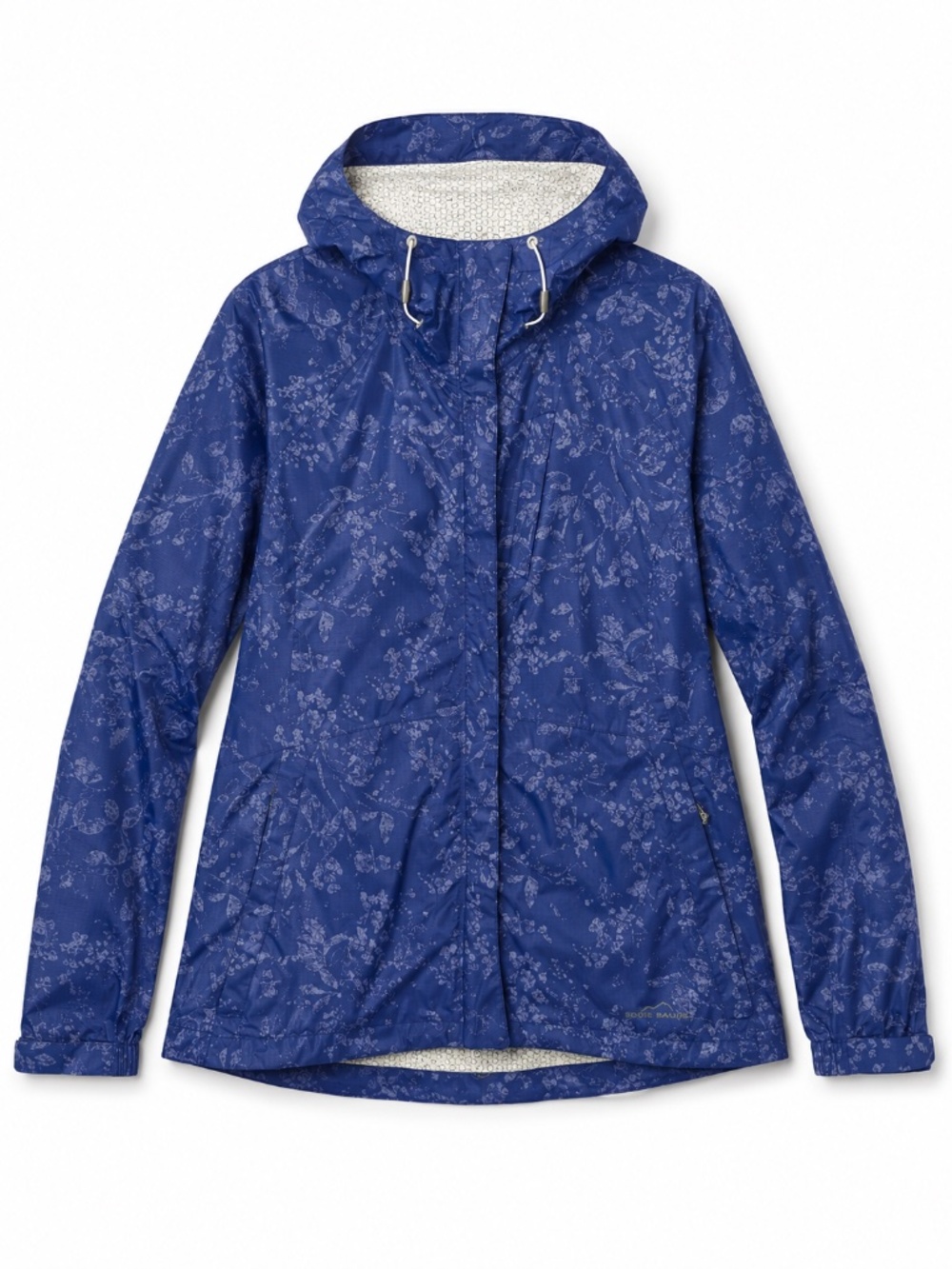 Eddie Bauer rain jacket L blue hood hi/low weather edge plus logo pockets zips
